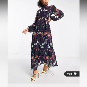 ASOS Hope & Ivy long sleeve tie waist maxi dress in navy floral US 12